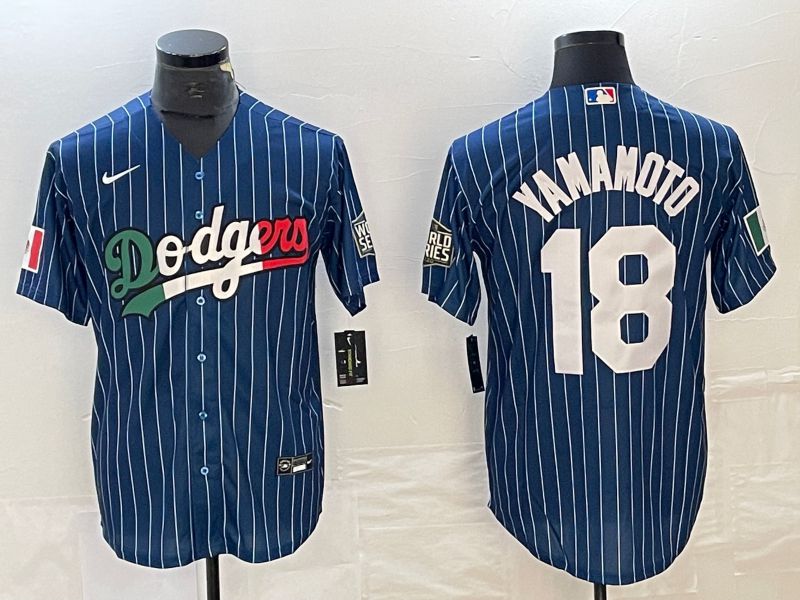 Men Los Angeles Dodgers 18 Yamamoto Blue stripe Nike Game MLB Jersey style 4